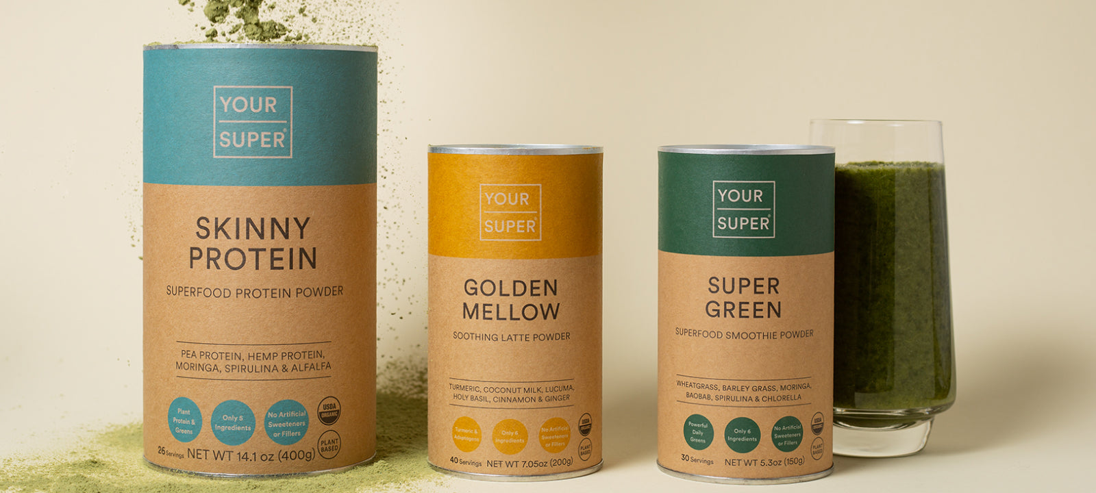 Skinny Protein, Golden Mellow, Super Green